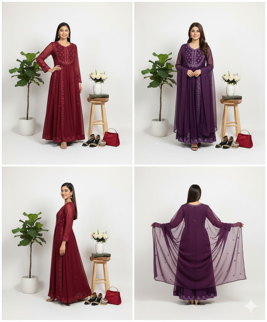 Purple Chiffon Maxi - Handmade Embroidered 3PC Suit