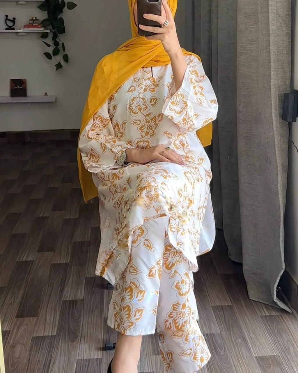 Mustard Floral Print 3PC Linen Suit | White Kurta, Trousers & Dupatta Set