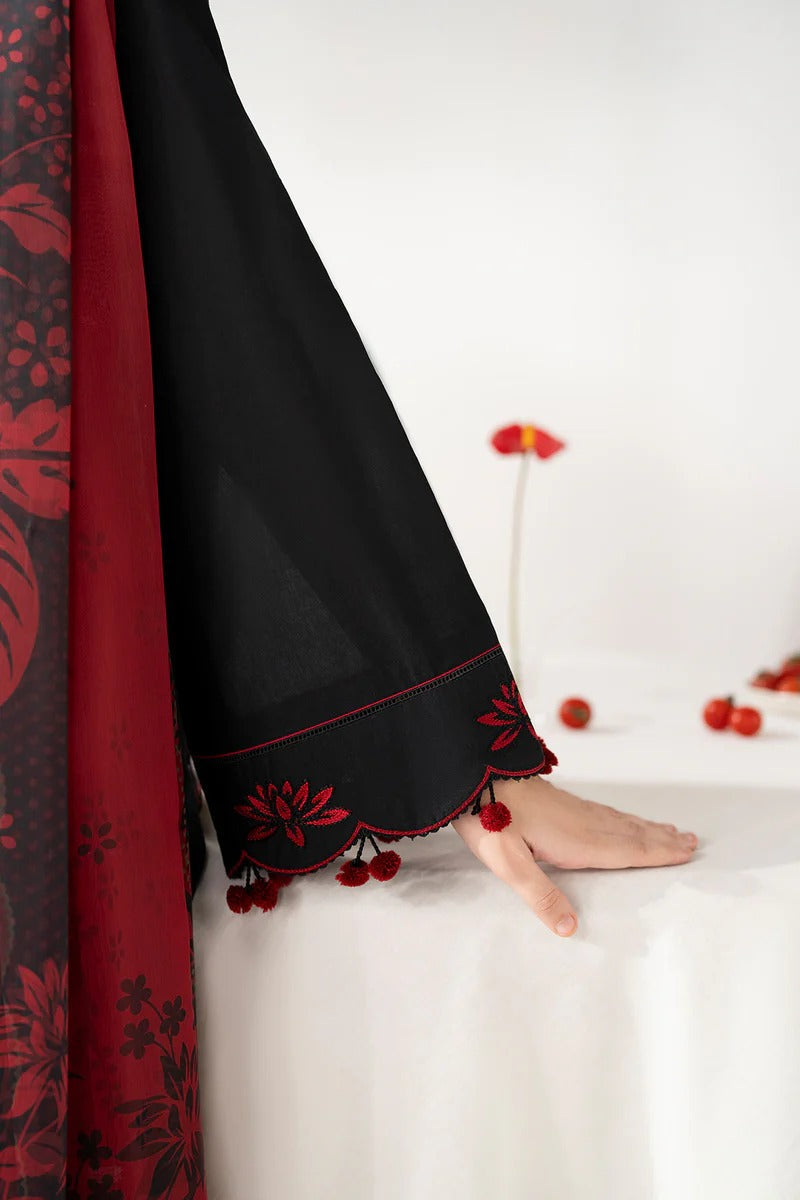 Black & Maroon Embroidered Stone Linen 3-Piece | Hina Collection