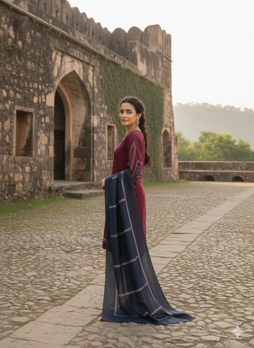 Hina Collection Mahroon Embroidered 3-Pc Linen Suit