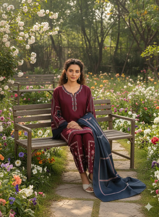 Hina Collection Mahroon Embroidered 3-Pc Linen Suit