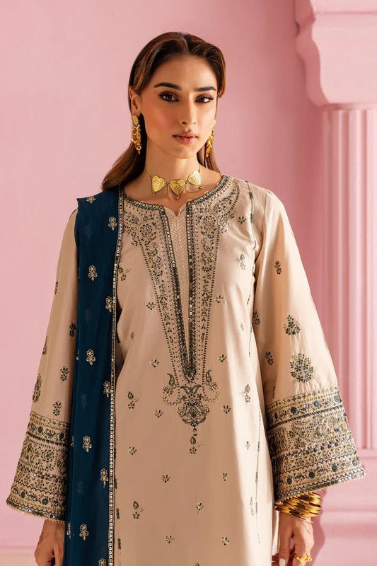 Dhanak 3-Piece Skin Color Embroidered Cotton Suit with Blue Chiffon Dupatta
