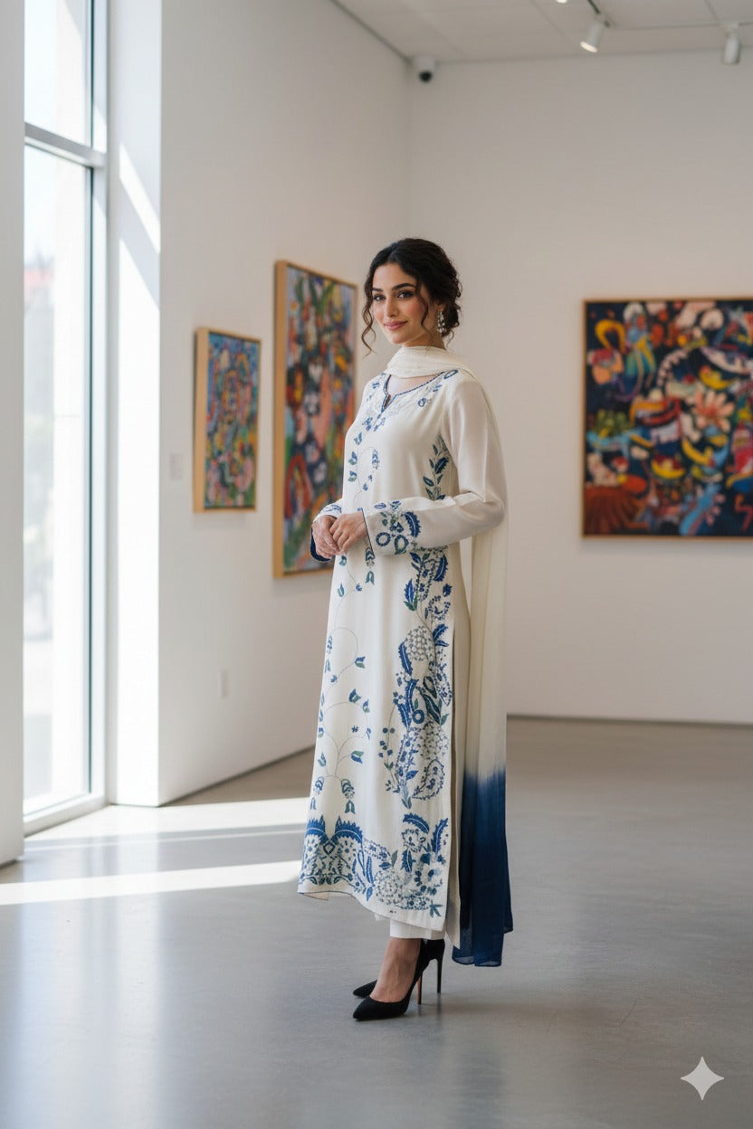 Hina Collection Cream & Blue Embroidered Suit with Ombre Dupatta