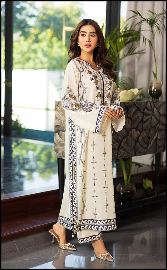 Luxury White Digital Print Grip Kurta & Trouser Set