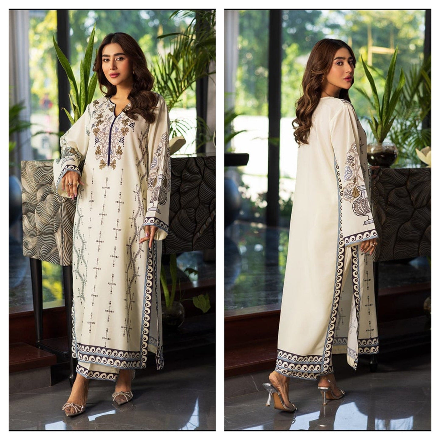 Luxury White Digital Print Grip Kurta & Trouser Set