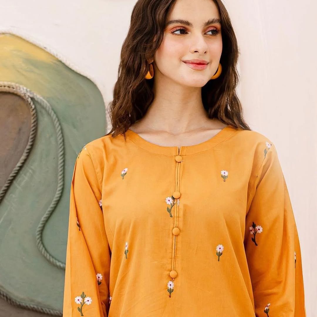 Mustard Linen Embroidered 2-Piece Suit for Women