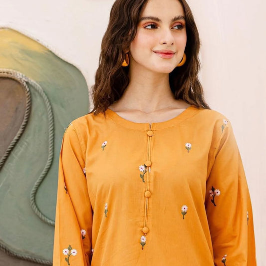 Mustard Linen Embroidered 2-Piece Suit for Women