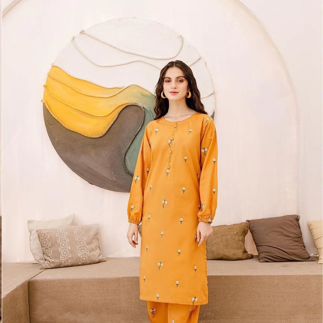 Mustard Linen Embroidered 2-Piece Suit for Women