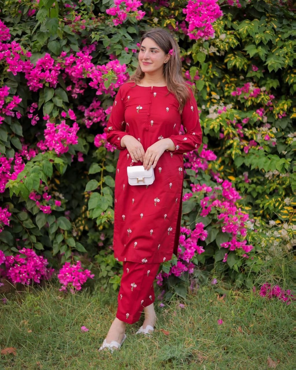 Red Linen Embroidered 2-Piece Suit for Women