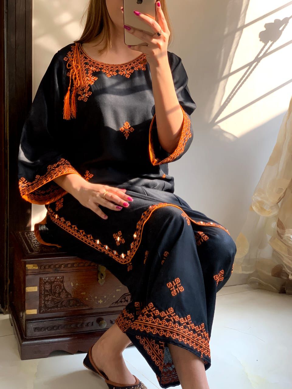 Black Linen Suit with Orange Embroidery | Traditional Folk Design