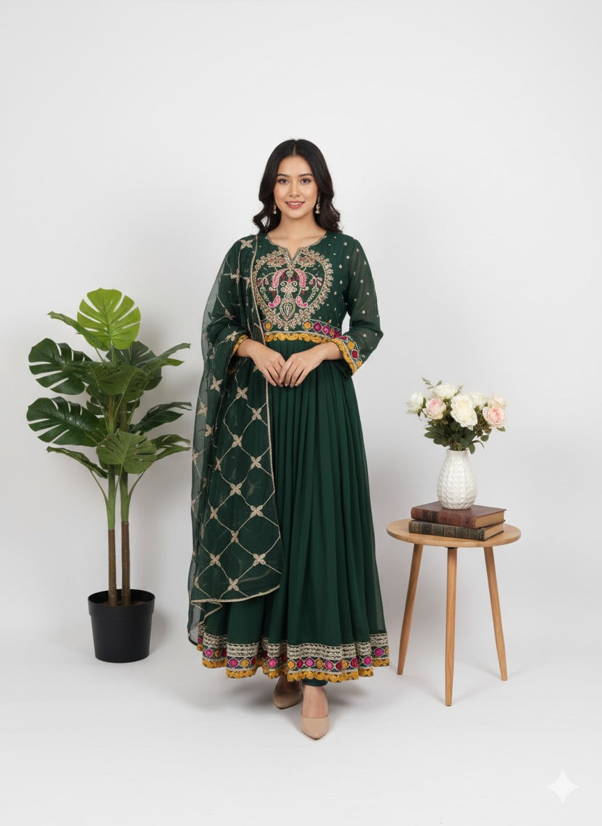 Forest Green Shafoon Maxi - Multi-Color Hand Embroidery 3PC
