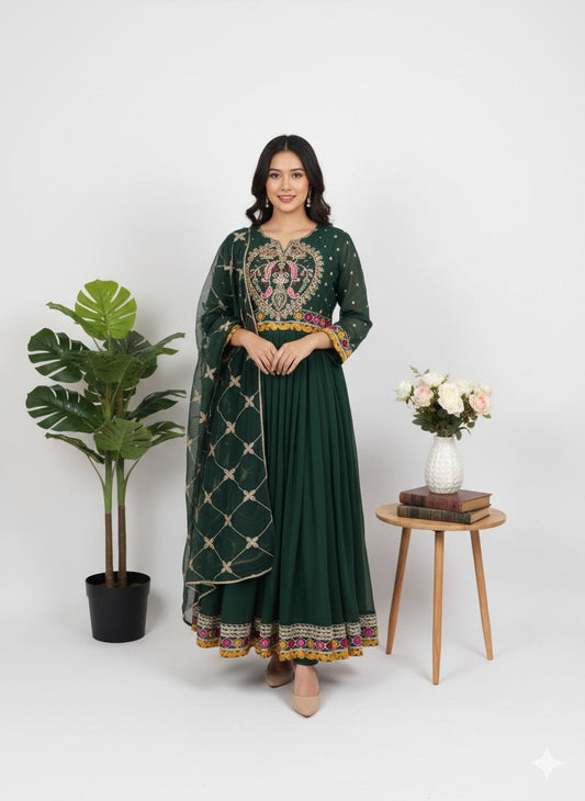 Forest Green Shafoon Maxi - Multi-Color Hand Embroidery 3PC