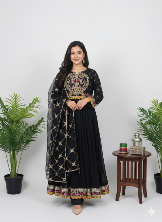 Black Shafoon Maxi with Multi-Color Hand Embroidery 3PC