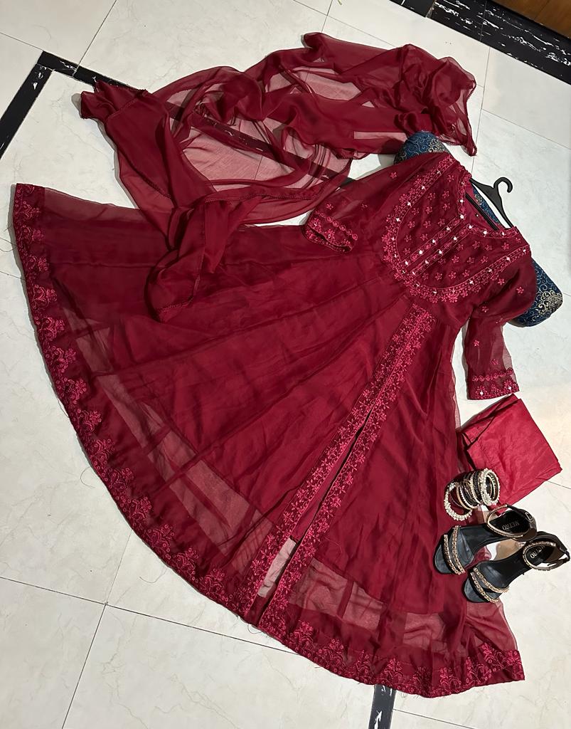 Maroon Chiffon Maxi - Hand-Embroidered 3PC Wedding Suit