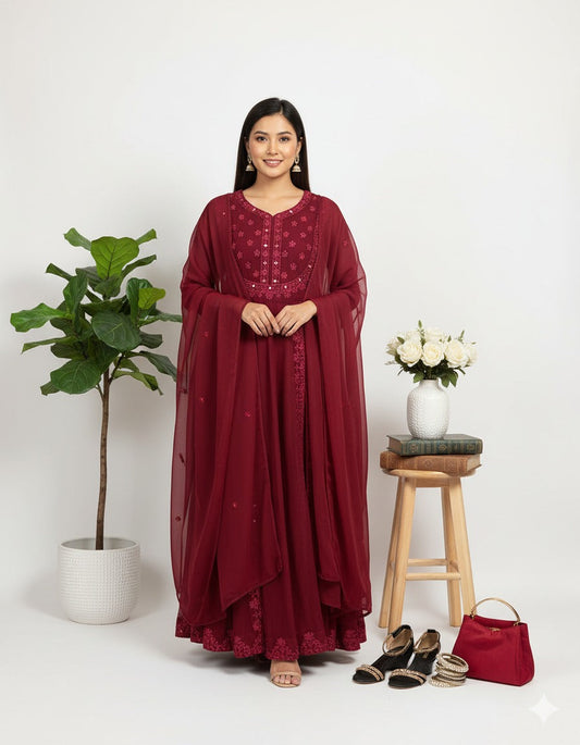 Maroon Chiffon Maxi - Hand-Embroidered 3PC Wedding Suit