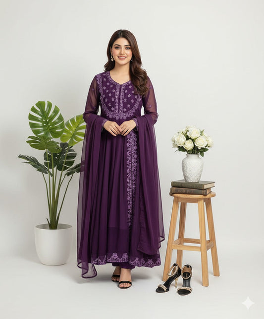 Purple Chiffon Maxi - Handmade Embroidered 3PC Suit