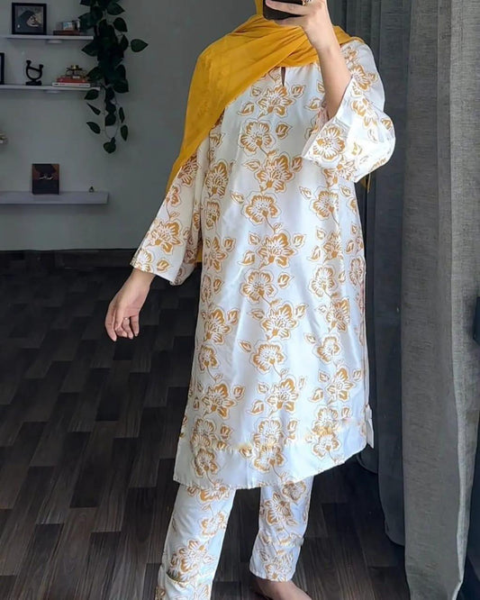 Mustard Floral Print 3PC Linen Suit | White Kurta, Trousers & Dupatta Set