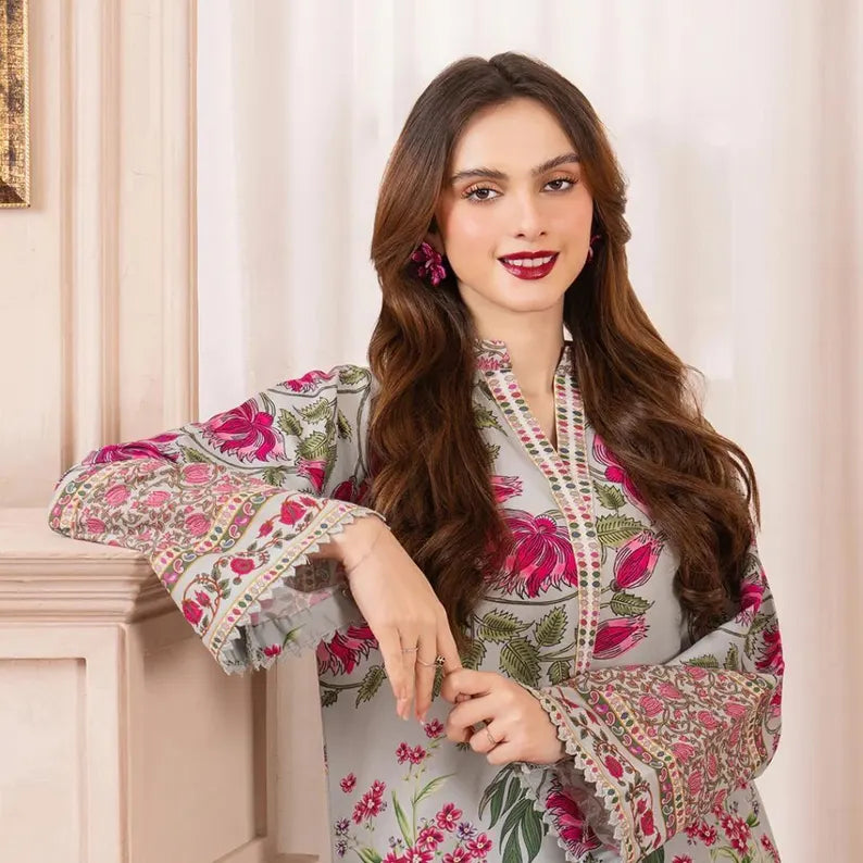 Grip Fabric 2-Piece Floral Suit - Grey & Pink