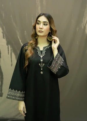 Hina Collection: Women's Black Embroidered Linen Kurta Set - 2 Piece Ready to Wear