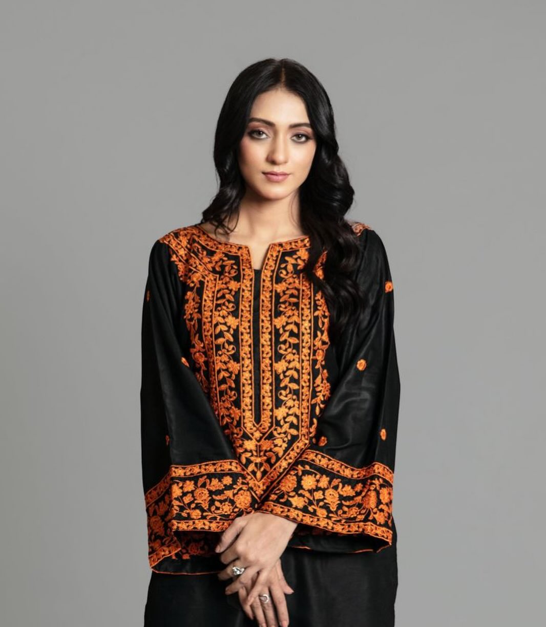 Premium Embroidered Linen 2-Piece Kurta Plazo Set - Black & Orange