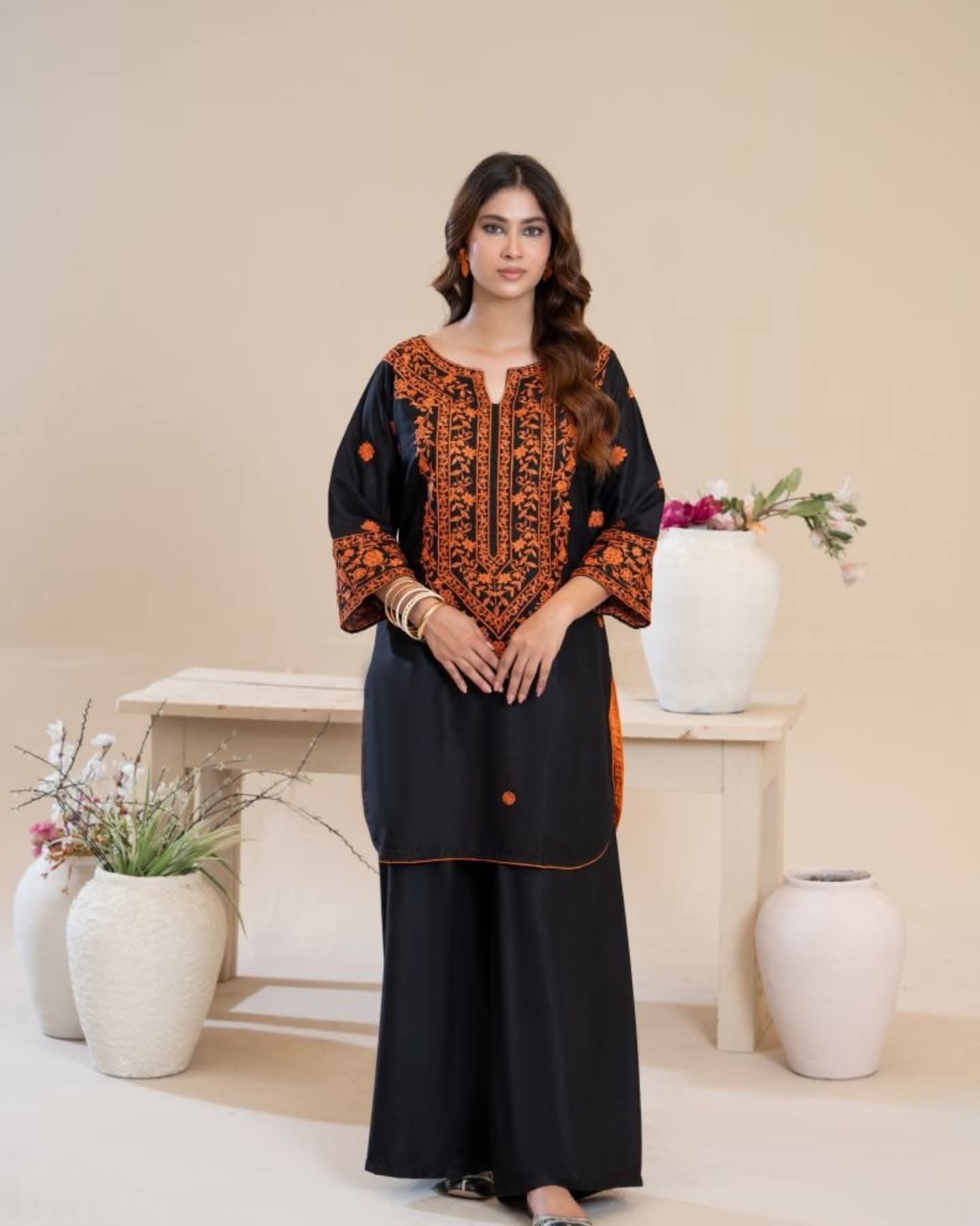 Premium Embroidered Linen 2-Piece Kurta Plazo Set - Black & Orange