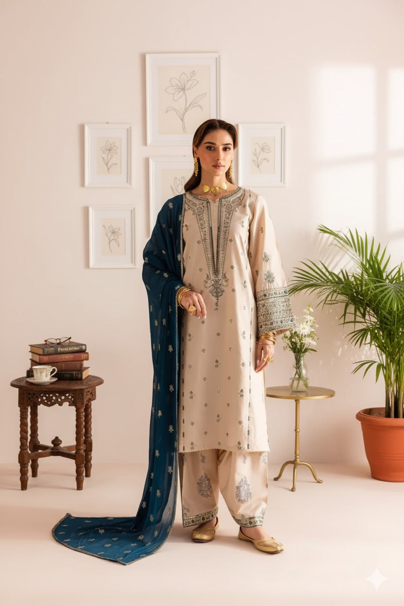 Dhanak 3-Piece Skin Color Embroidered Cotton Suit with Blue Chiffon Dupatta