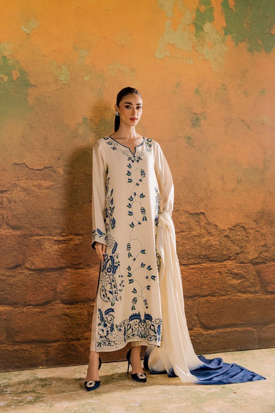 Hina Collection Cream & Blue Embroidered Suit with Ombre Dupatta