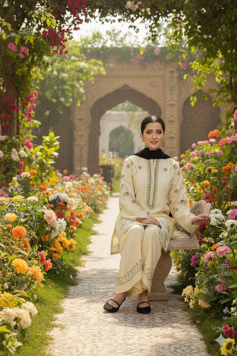 Hina Collection Cream & Blue Embroidered Suit with Ombre Dupatta