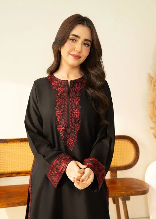 Stone Linen Embroidered Dress – Elegant Winter Wear | Hina Collection