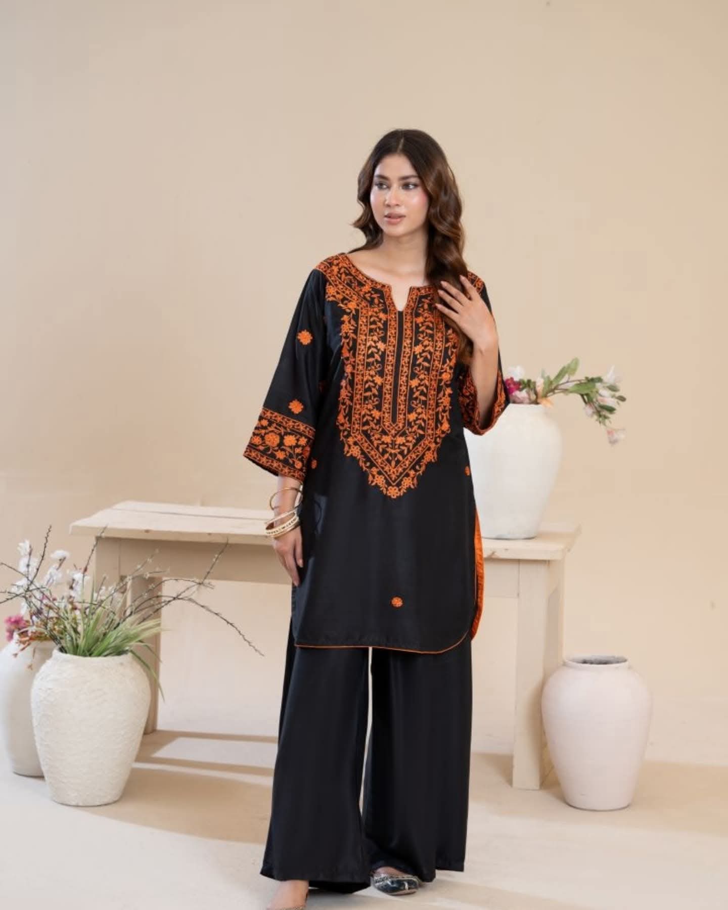 Premium Embroidered Linen 2-Piece Kurta Plazo Set - Black & Orange