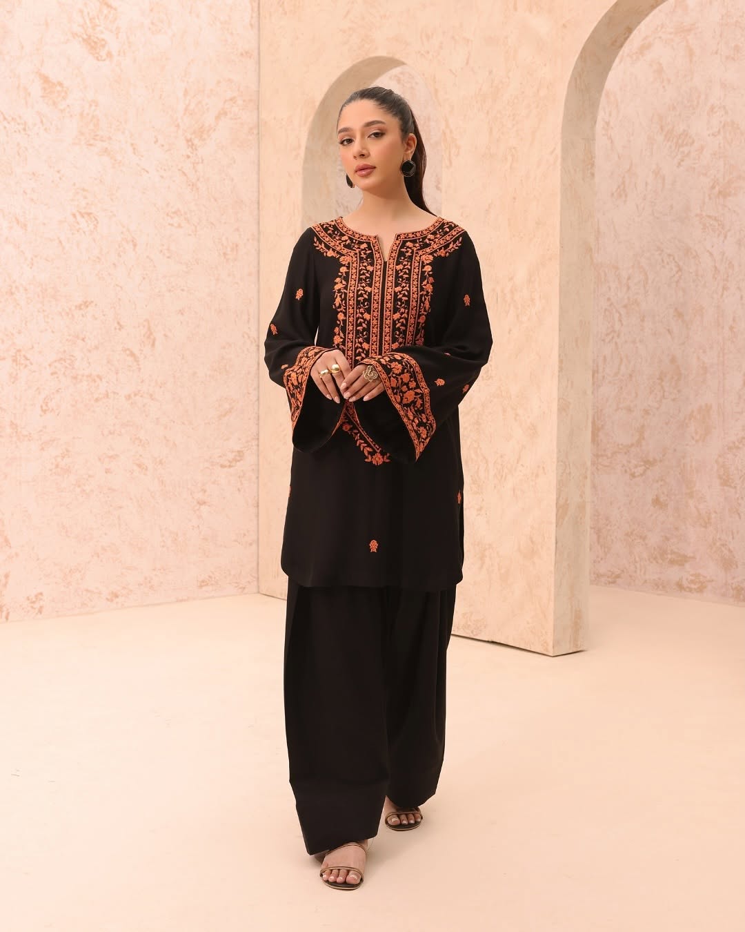 Premium Embroidered Linen 2-Piece Kurta Plazo Set - Black & Orange