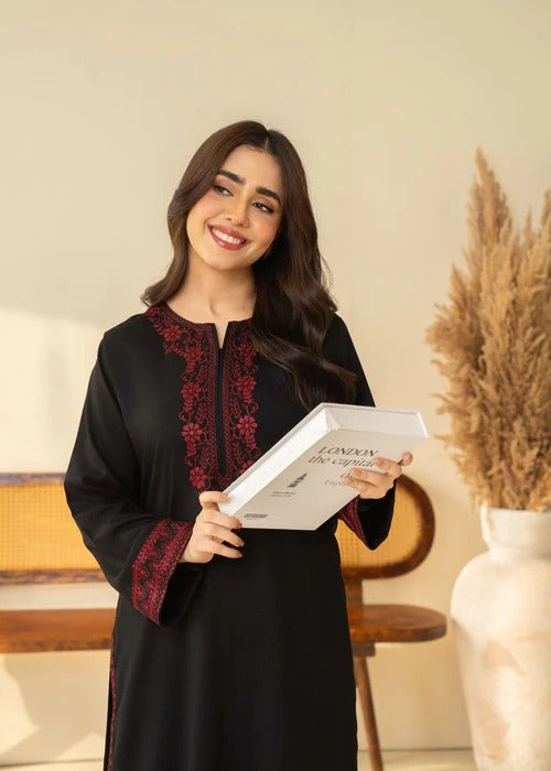 Stone Linen Embroidered Dress – Elegant Winter Wear | Hina Collection