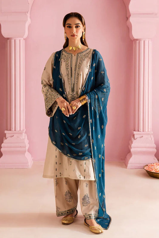 Dhanak 3-Piece Skin Color Embroidered Cotton Suit with Blue Chiffon Dupatta