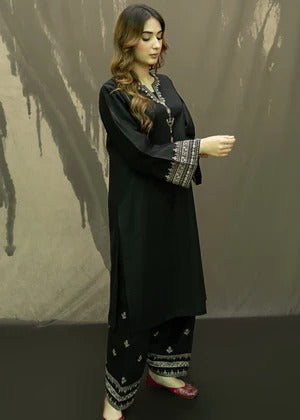 Hina Collection: Women's Black Embroidered Linen Kurta Set - 2 Piece Ready to Wear