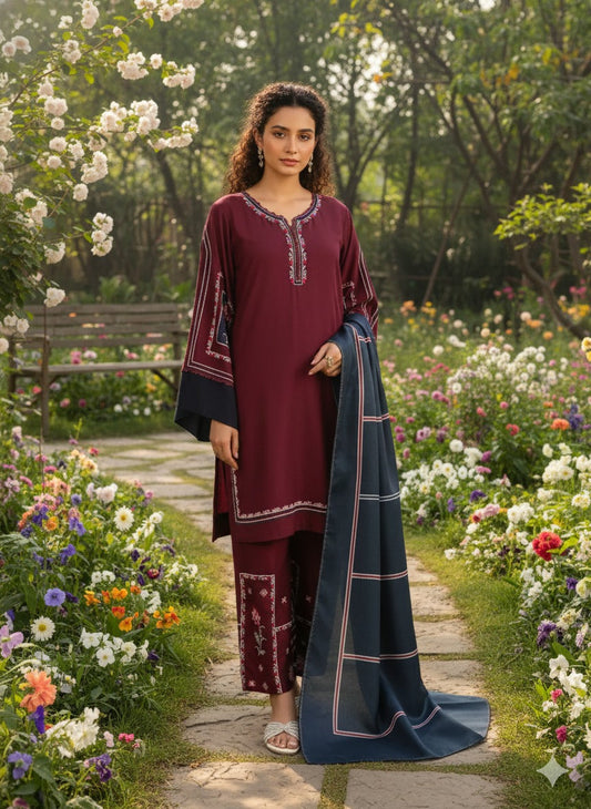 Hina Collection Mahroon Embroidered 3-Pc Linen Suit