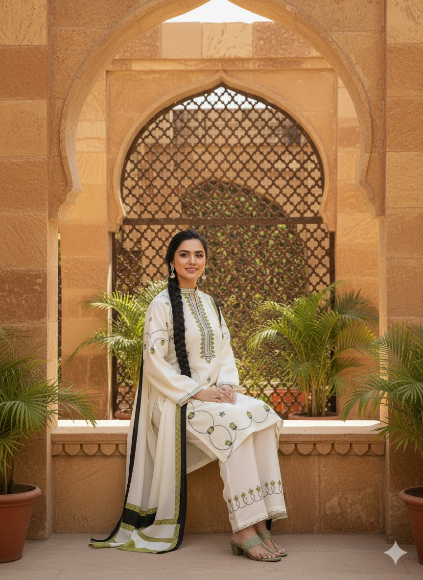Hina Collection Cream & Blue Embroidered Suit with Ombre Dupatta