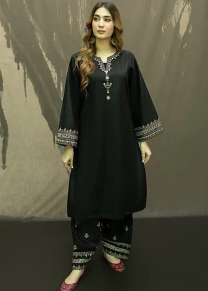 Hina Collection: Women's Black Embroidered Linen Kurta Set - 2 Piece Ready to Wear