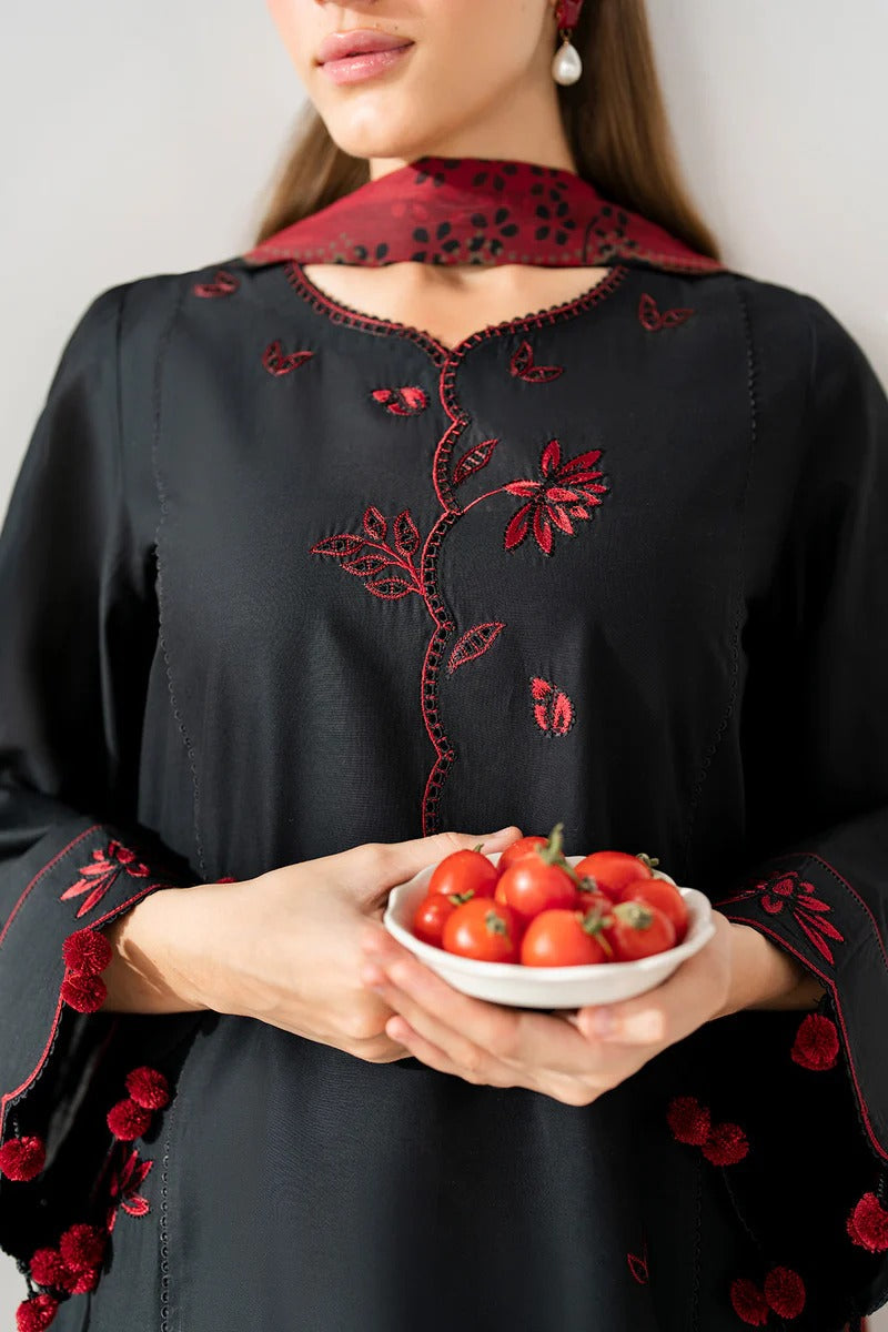 Black & Maroon Embroidered Stone Linen 3-Piece | Hina Collection