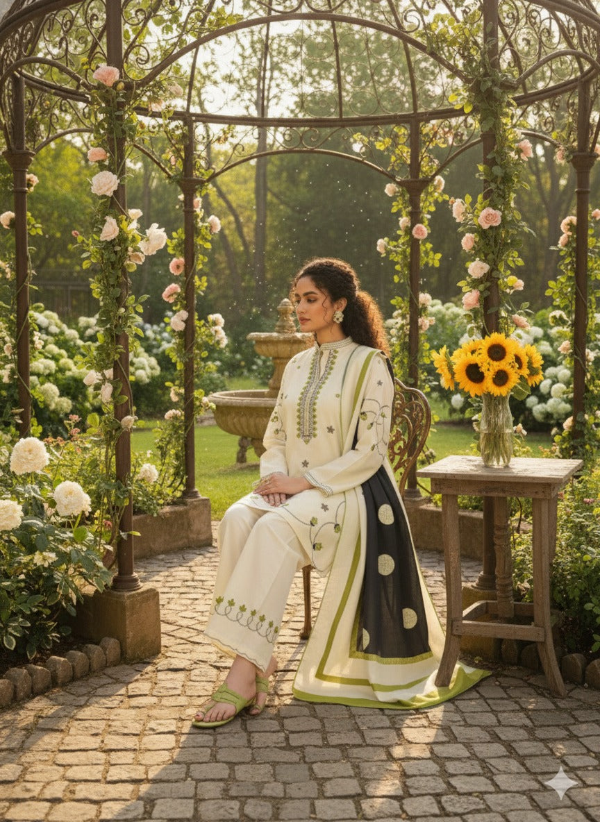 Hina Collection Cream & Blue Embroidered Suit with Ombre Dupatta