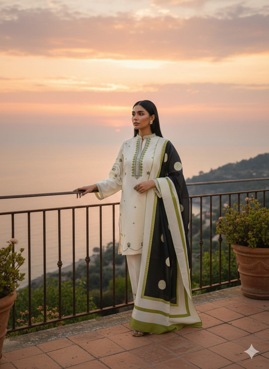 Hina Collection Cream & Blue Embroidered Suit with Ombre Dupatta