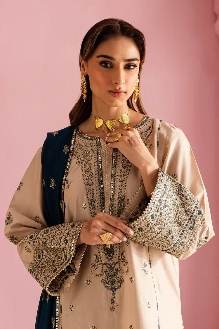 Dhanak 3-Piece Skin Color Embroidered Cotton Suit with Blue Chiffon Dupatta