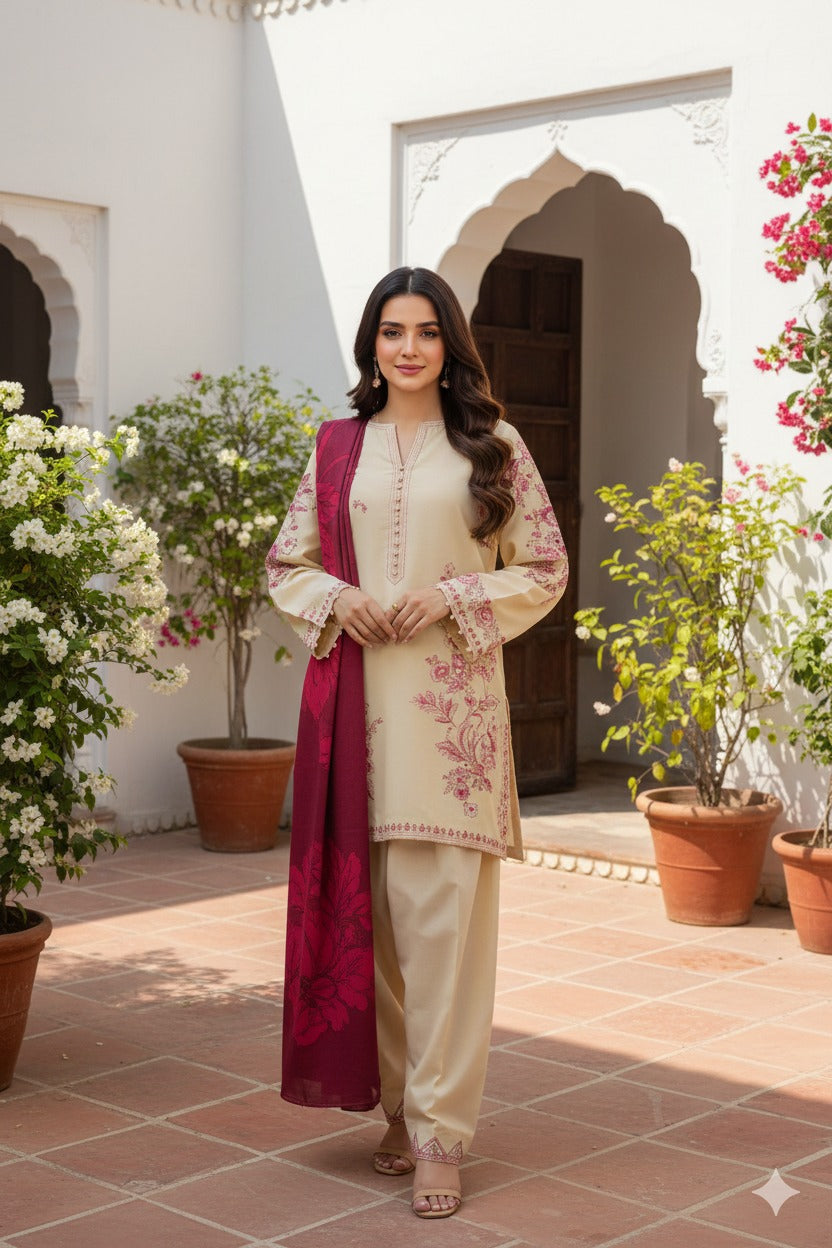 Hina Collection Stone Linen Embroidered 3-Pc Suit