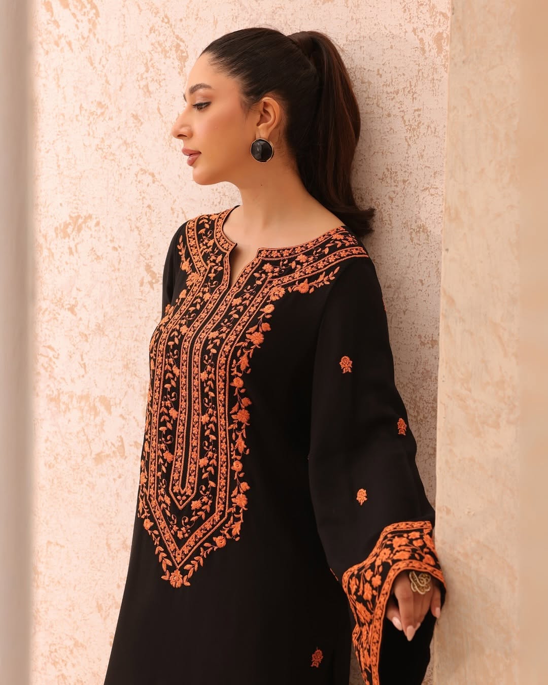 Premium Embroidered Linen 2-Piece Kurta Plazo Set - Black & Orange