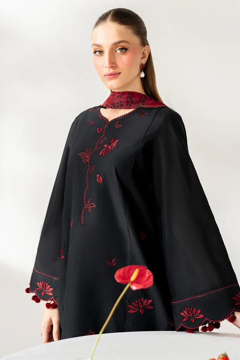 Black & Maroon Embroidered Stone Linen 3-Piece | Hina Collection